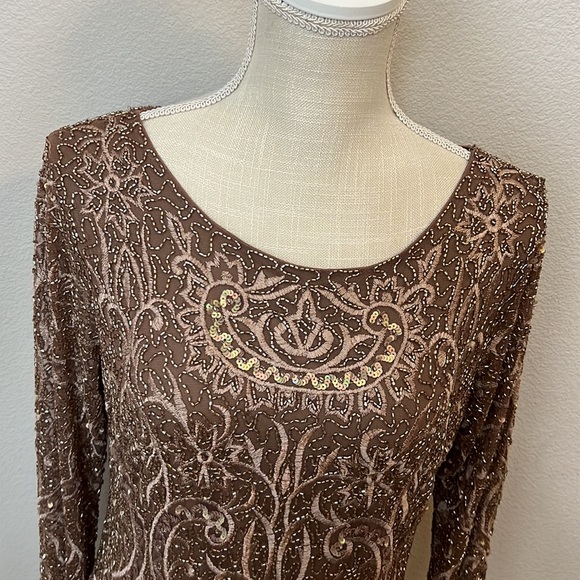 Pisarro Nights Embroidered Cocktail Sheath Dress in Tan - Picture 3 of 9